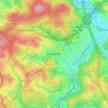 Topografische Karte Hillmicke, Höhe, Relief