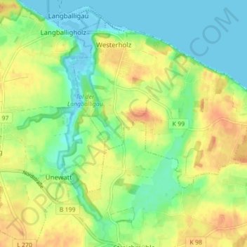 Topografische Karte Unewattholz, Höhe, Relief