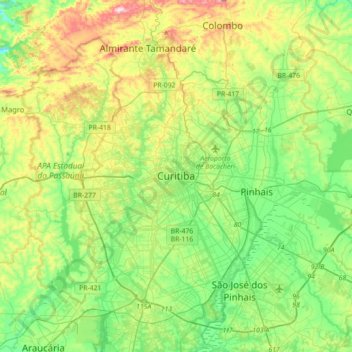 Topografische Karte Curitiba, Höhe, Relief