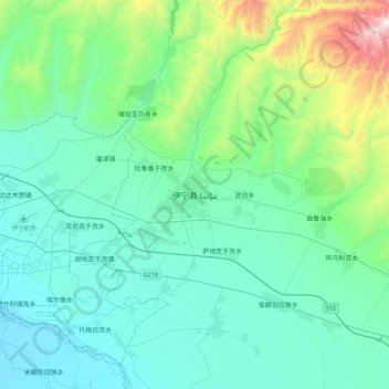 Topografische Karte Yining, Höhe, Relief