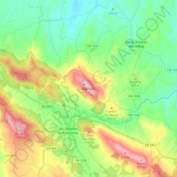 Topografische Karte Marvão, Höhe, Relief