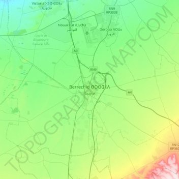 Topografische Karte Berrechid, Höhe, Relief