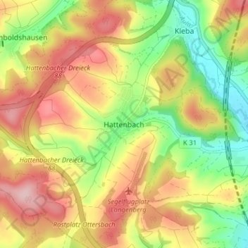 Topografische Karte Hattenbach, Höhe, Relief