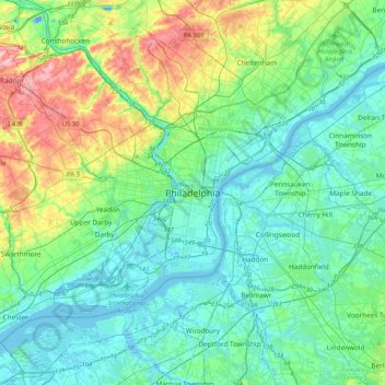 Topografische Karte Philadelphie, Höhe, Relief