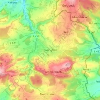 Topografische Karte Bösingfeld, Höhe, Relief
