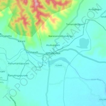 Topografische Karte Uthukottai, Höhe, Relief