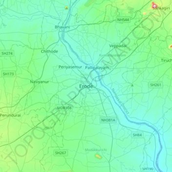 Topografische Karte Erode, Höhe, Relief