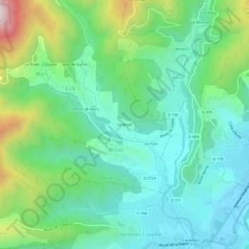 Topografische Karte Le Bruel, Höhe, Relief