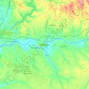 Topografische Karte Abrantes, Höhe, Relief