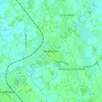 Topografische Karte Veldhausen, Höhe, Relief