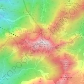 Topografische Karte Branderschrofen, Höhe, Relief