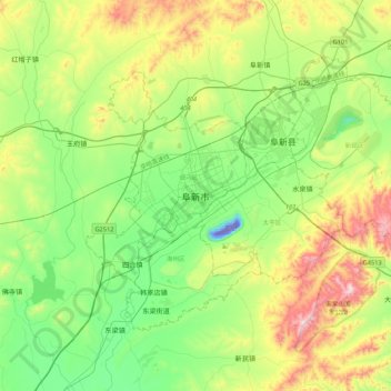 Topografische Karte Fuxin, Höhe, Relief