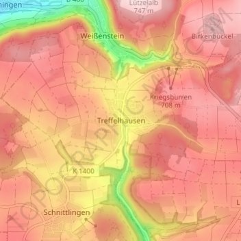 Topografische Karte Treffelhausen, Höhe, Relief