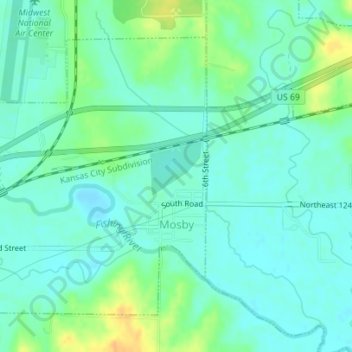 Topografische Karte Mosby, Höhe, Relief