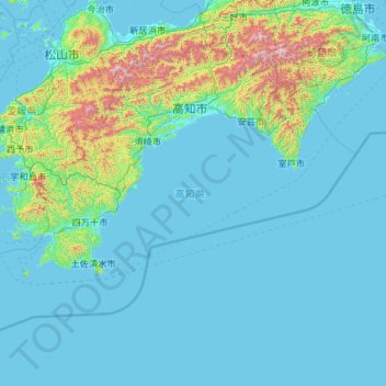 Topografische Karte Region Shikoku, Höhe, Relief