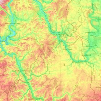 Topografische Karte Landkreis Würzburg, Höhe, Relief