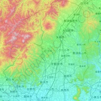 Topografische Karte Präfektur Tochigi, Höhe, Relief