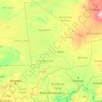 Topografische Karte Mali, Höhe, Relief