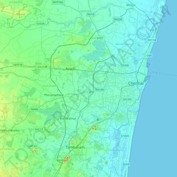 Topografische Karte Chennai metropolitan area, Höhe, Relief