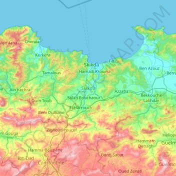Topografische Karte Skikda, Höhe, Relief