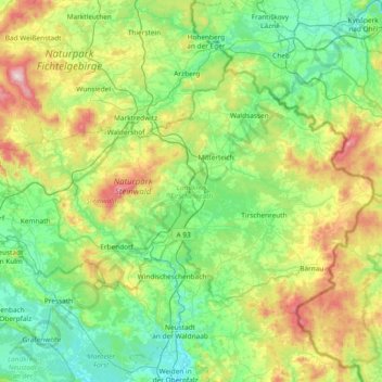 Topografische Karte Landkreis Tirschenreuth, Höhe, Relief