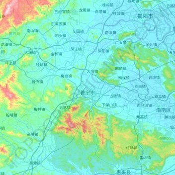 Topografische Karte 普宁市, Höhe, Relief