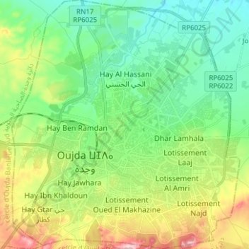 Topografische Karte Oujda ⵡⴻⵊⴷⴰ وجدة‎, Höhe, Relief