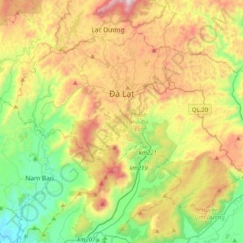 Topografische Karte Thành phố Đà Lạt, Höhe, Relief