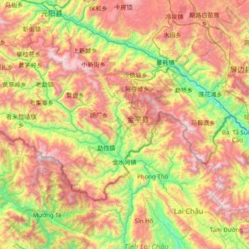 Topografische Karte Jinping Miao, Yao and Dai Autonomous County, Höhe, Relief