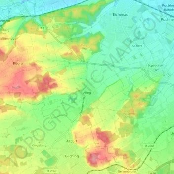 Topografische Karte Alling, Höhe, Relief