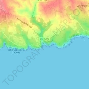 Topografische Karte Praia de Benagil, Höhe, Relief