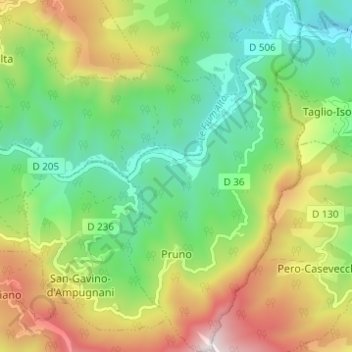 Topografische Karte Pruno, Höhe, Relief