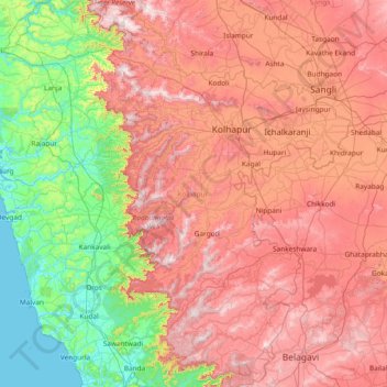 Topografische Karte Kolhapur, Höhe, Relief