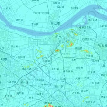 Topografische Karte Jiangyin City, Höhe, Relief