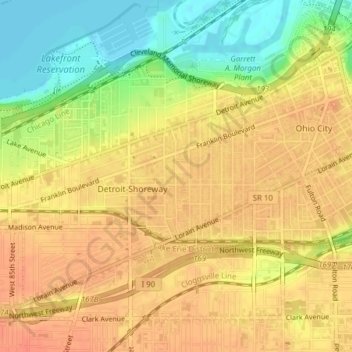 Topografische Karte Detroit - Shoreway, Höhe, Relief