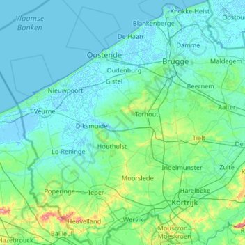 Topografische Karte Westflandern, Höhe, Relief