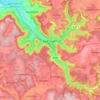 Topografische Karte Bad Urach, Höhe, Relief