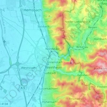 Topografische Karte Weinheim (Kernstadt), Höhe, Relief