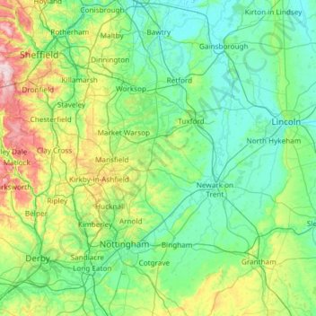 Topografische Karte Nottinghamshire, Höhe, Relief