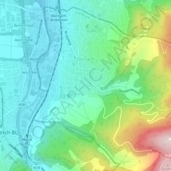 Topografische Karte Dornach, Höhe, Relief