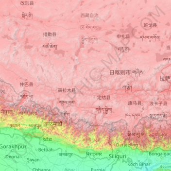 Topografische Karte Shigatse Prefecture, Höhe, Relief