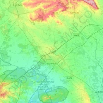 Topografische Karte Dülmen, Höhe, Relief