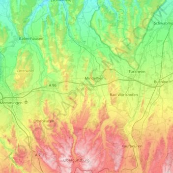 Topografische Karte Landkreis Unterallgäu, Höhe, Relief