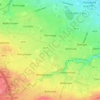 Topografische Karte Dublin 6W, Höhe, Relief
