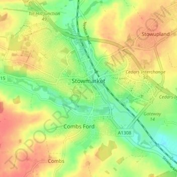 Topografische Karte Stowmarket, Höhe, Relief