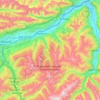 Topografische Karte Tux Alps, Höhe, Relief