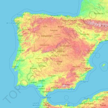 Topografische Karte Península Ibérica, Höhe, Relief