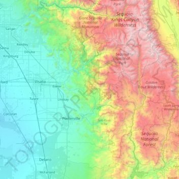 Topografische Karte Tulare County, Höhe, Relief