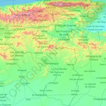 Topografische Karte Aragua, Höhe, Relief
