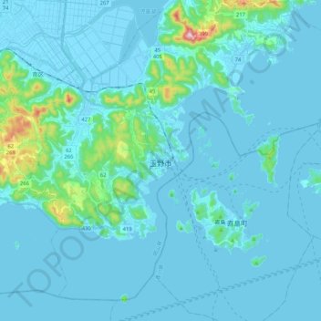 Topografische Karte 玉野市, Höhe, Relief